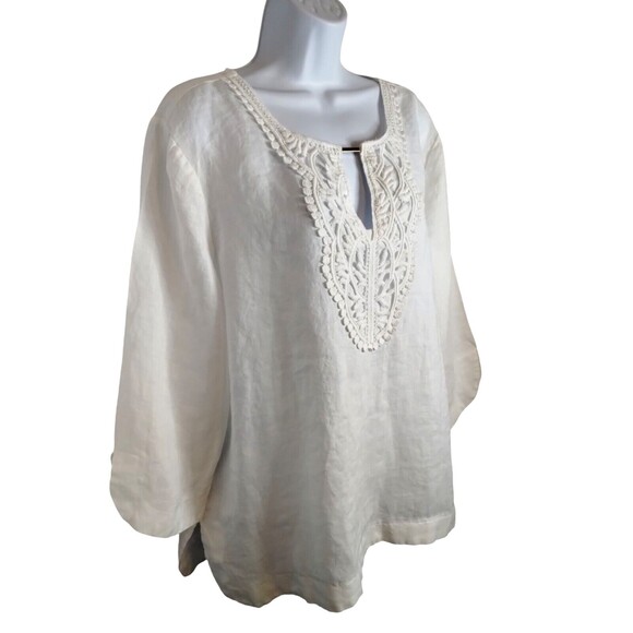 OSO Casuals XLarge Tunic Top White Linen Embellished Front Round neck 3/4 Sleeve - Picture 3 of 6